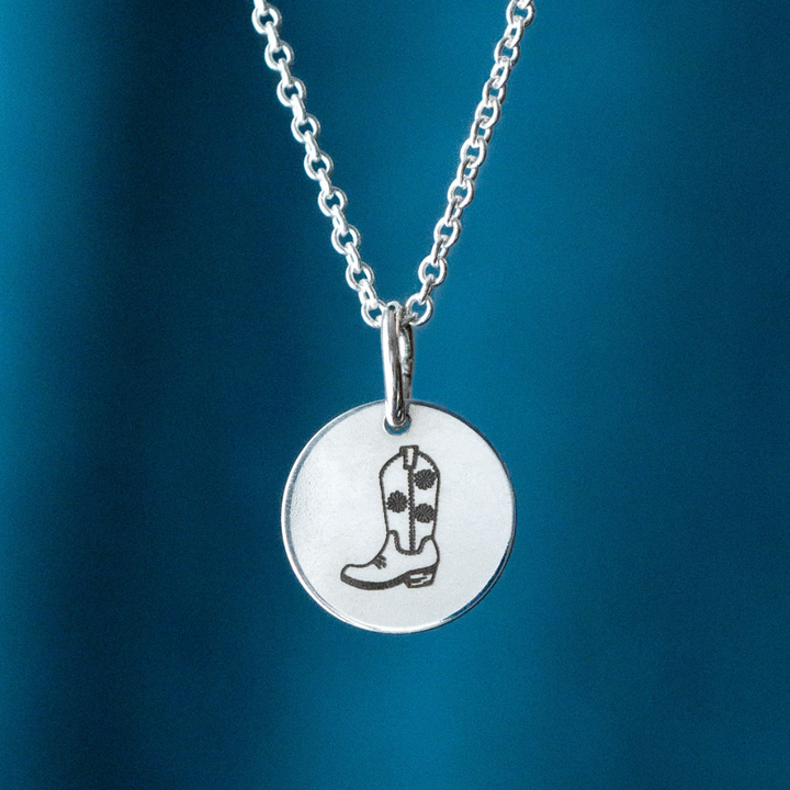 Sterling silver engraved cowboy boot necklace