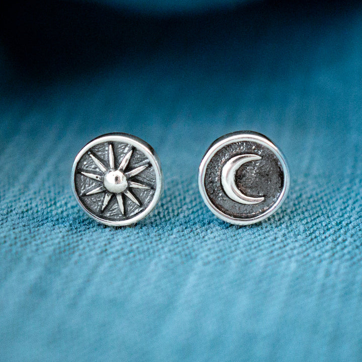 Sterling silver sun and moon stud earrings